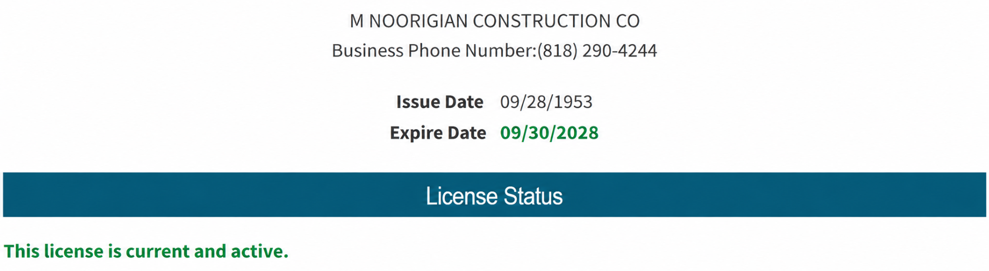 California CSLB license record for M Noorigian Construction Co., showing license issue date September 28, 1953 and current active status.