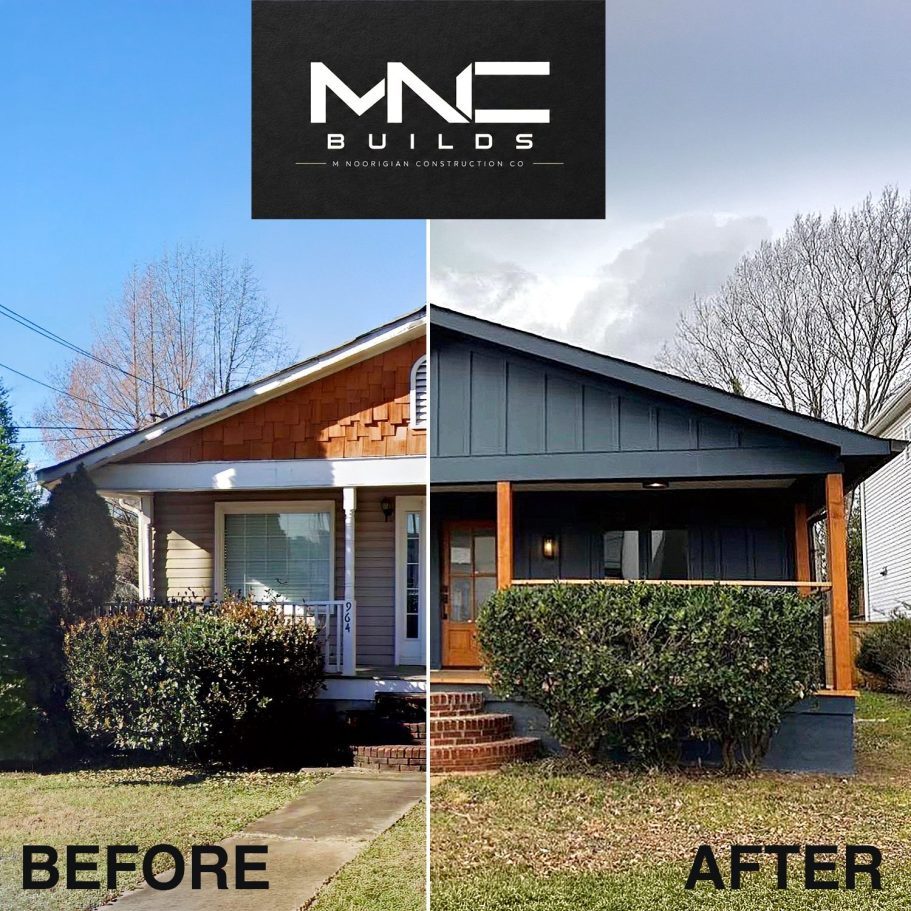 Before and after showing an exterior home renovation with updated siding, trim, paint, and a covered front porch.